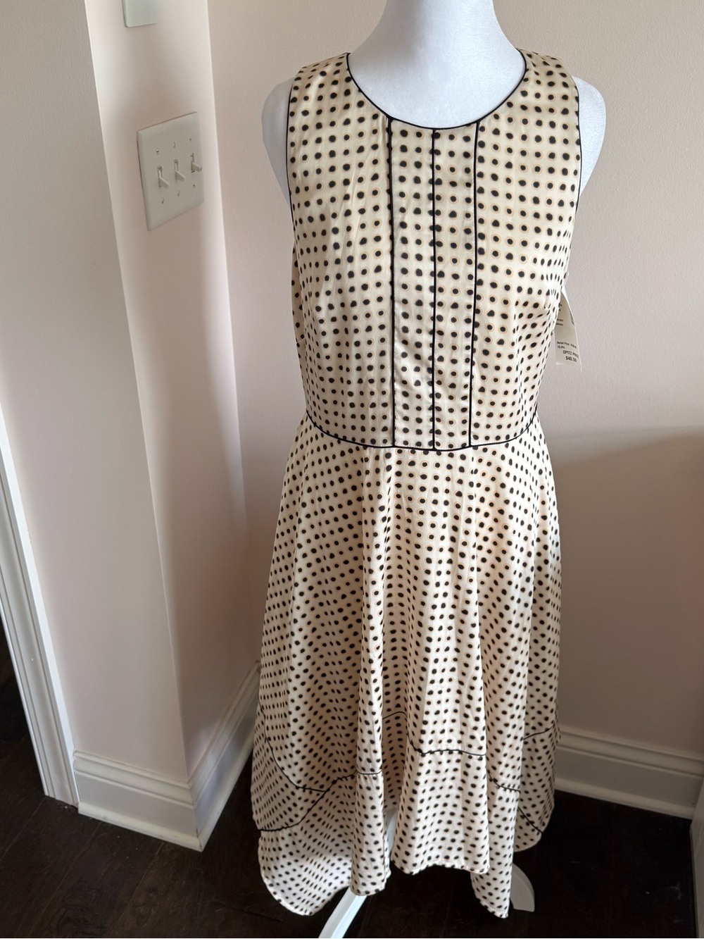 Donna Karan Polka Dot Handkerchief Hem Midi Dress NWT Cream Black Piping